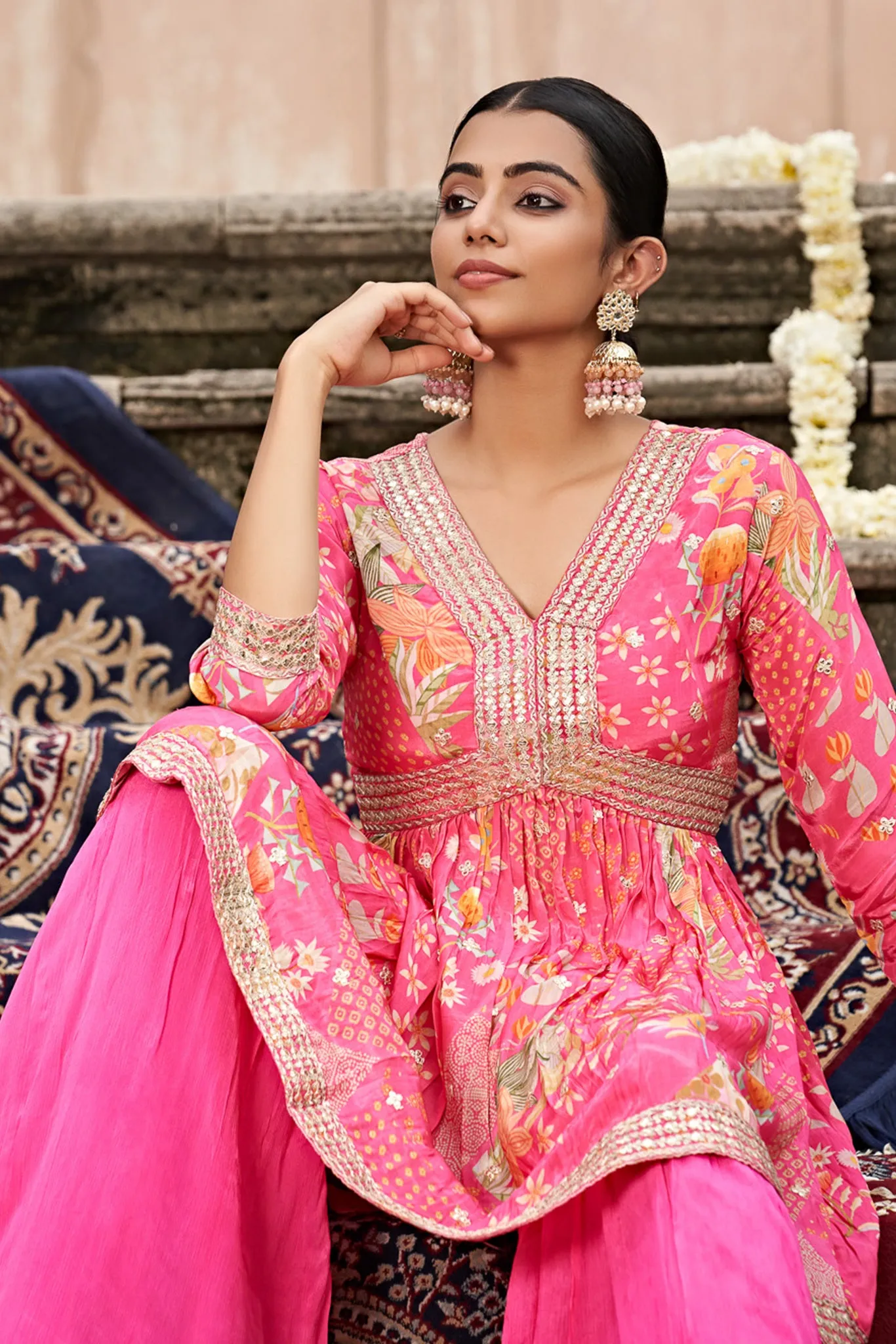 Pink Printed Paplum top with Sarara Pants co-ords