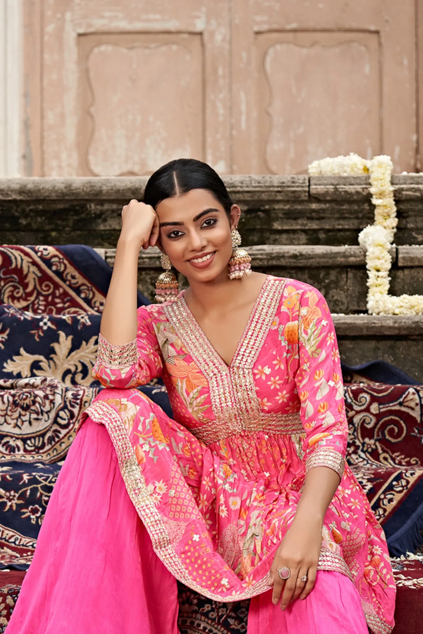 Pink Printed Paplum top with Sarara Pants co-ords