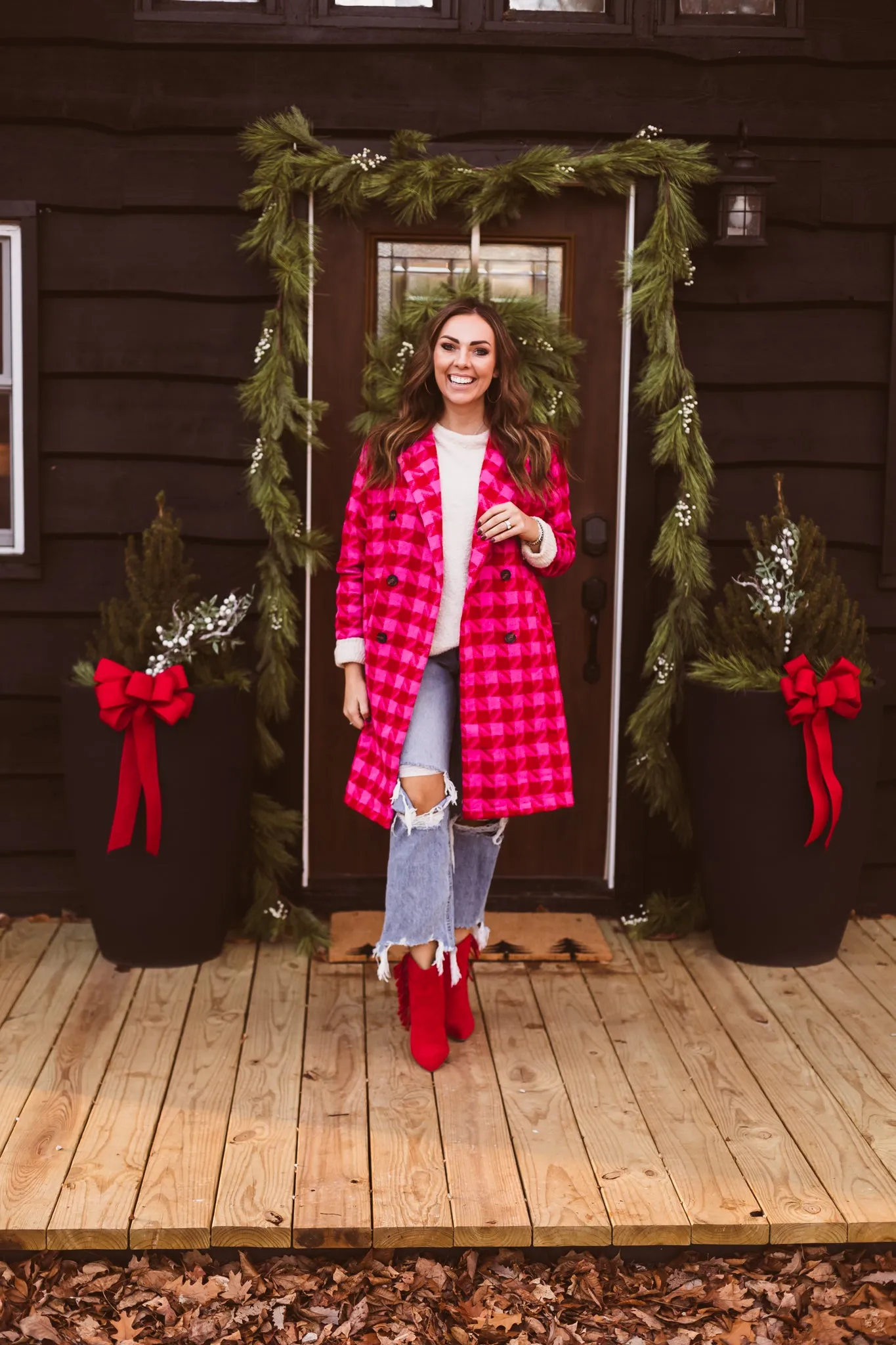 Pink   Red Textured Knit Tweed 2 Tone Jacket