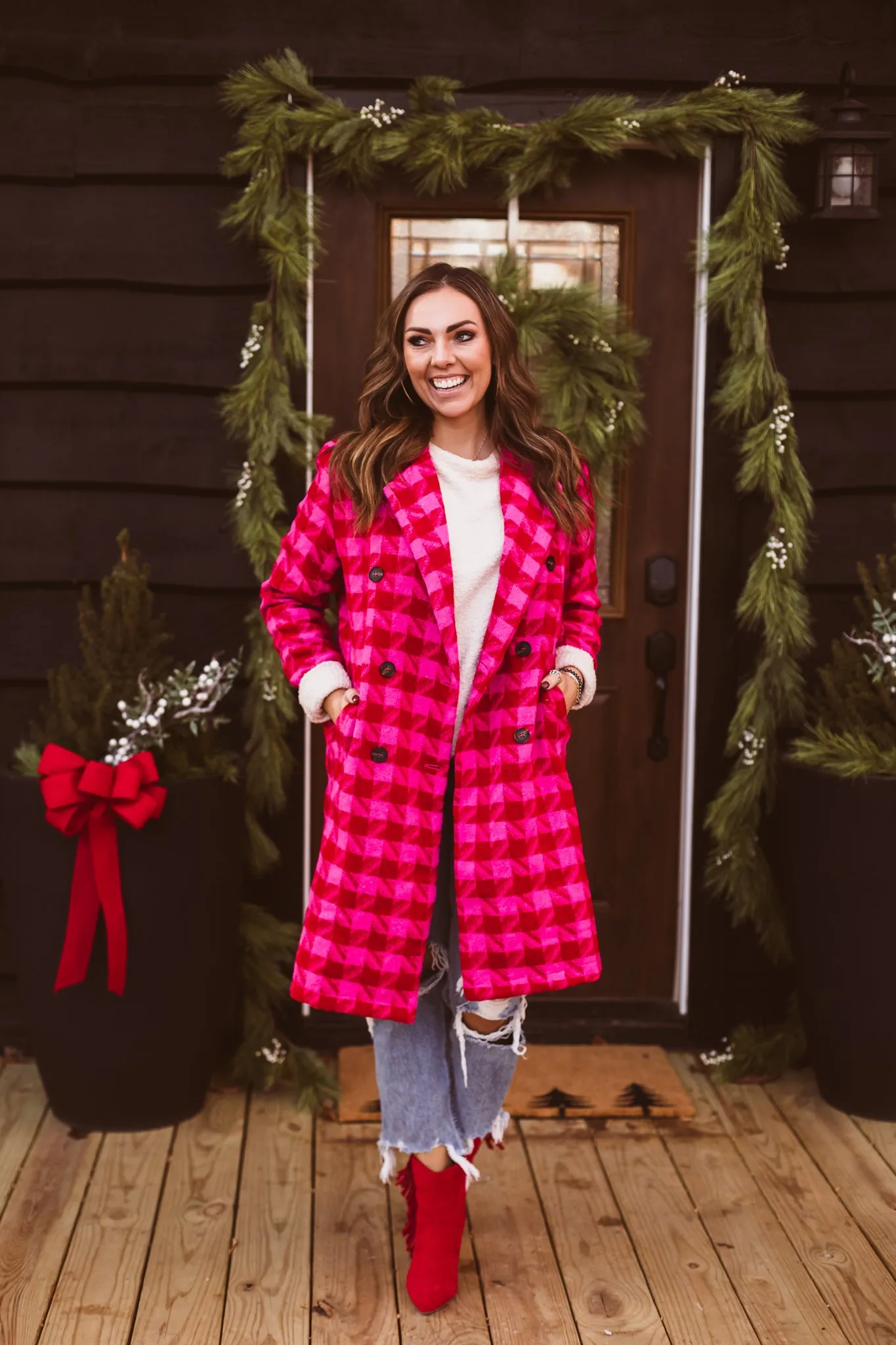 Pink   Red Textured Knit Tweed 2 Tone Jacket