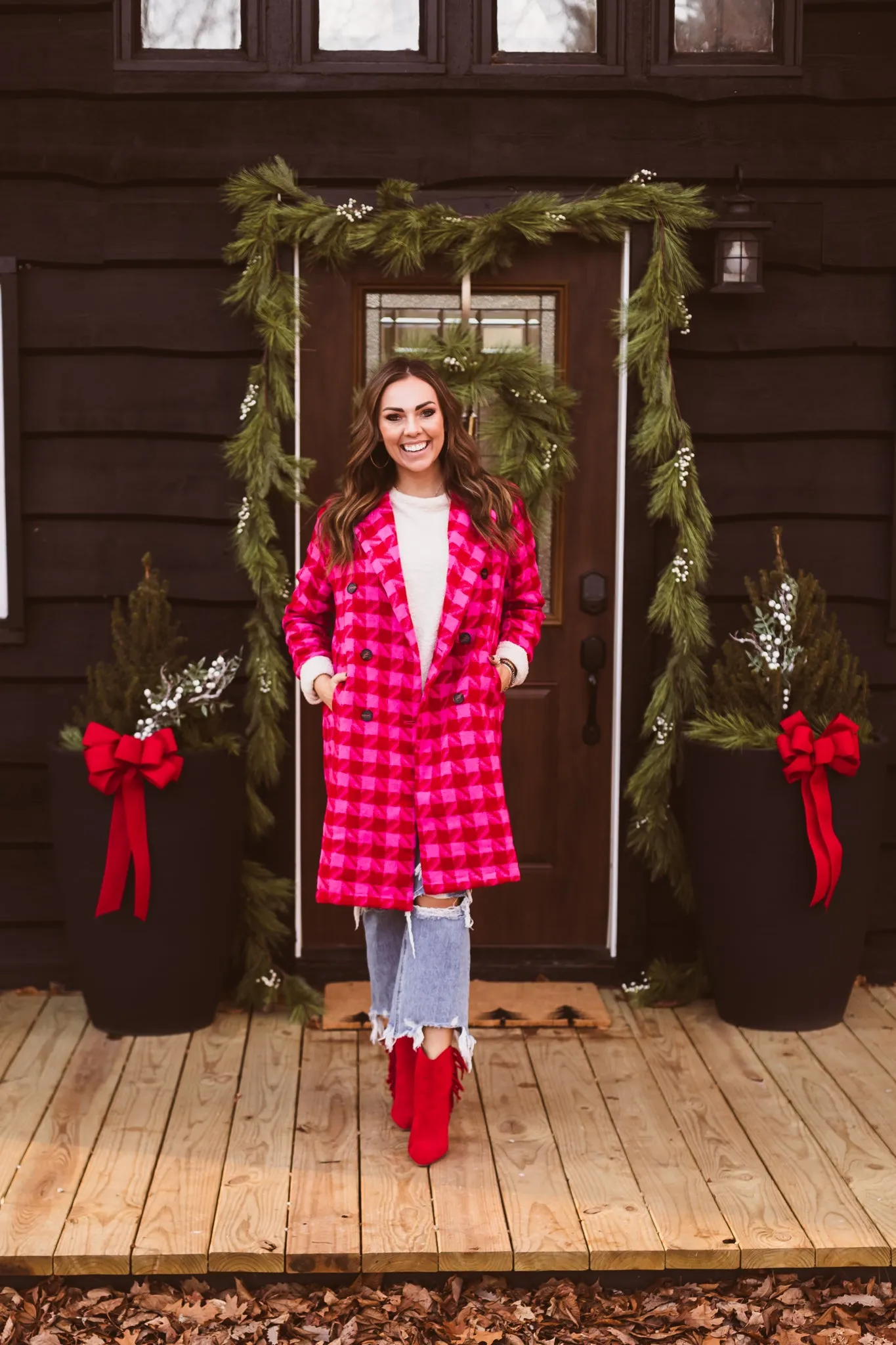 Pink   Red Textured Knit Tweed 2 Tone Jacket