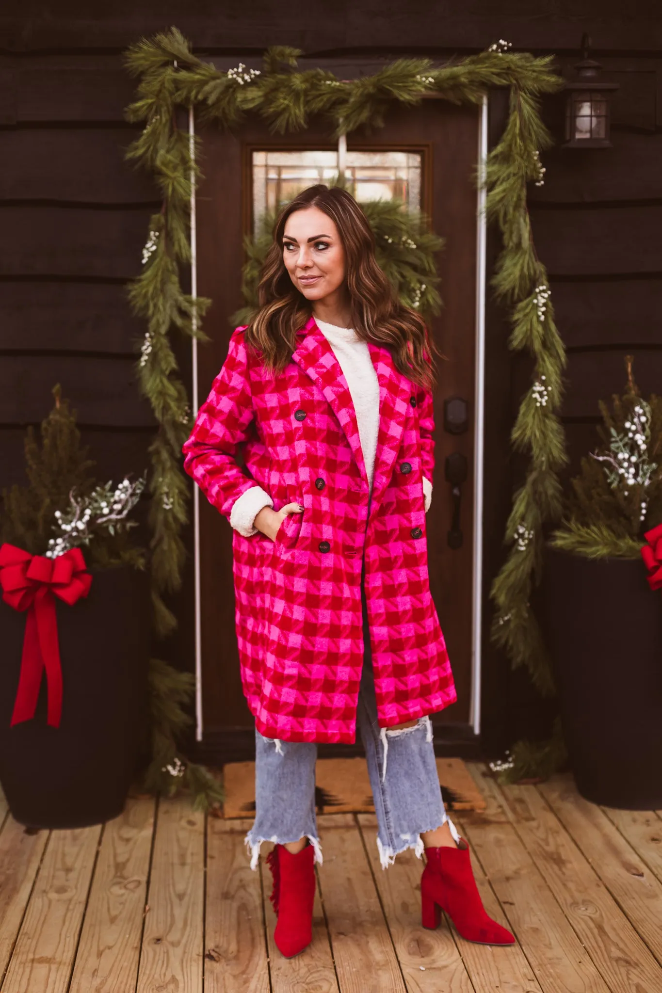 Pink   Red Textured Knit Tweed 2 Tone Jacket