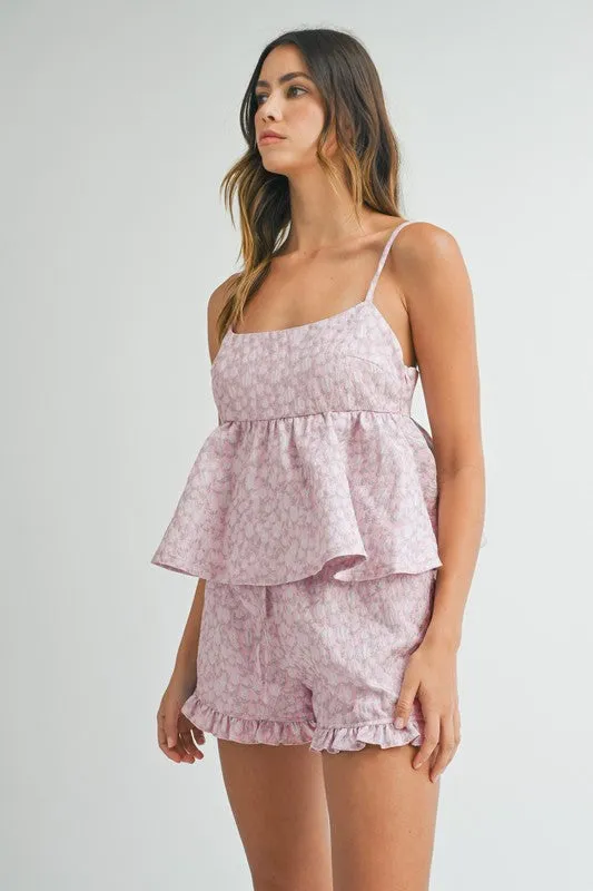 Pippa Floral Jacquard Peplum Top & Ruffled Short Set Pink