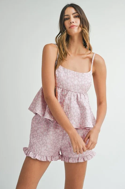 Pippa Floral Jacquard Peplum Top & Ruffled Short Set Pink