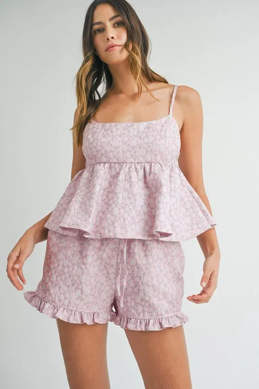 Pippa Floral Jacquard Peplum Top & Ruffled Short Set Pink