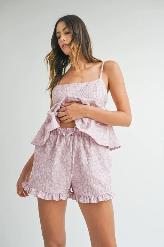 Pippa Floral Jacquard Peplum Top & Ruffled Short Set Pink