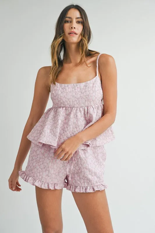 Pippa Floral Jacquard Peplum Top & Ruffled Short Set Pink