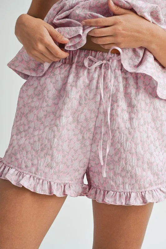 Pippa Floral Jacquard Peplum Top & Ruffled Short Set Pink
