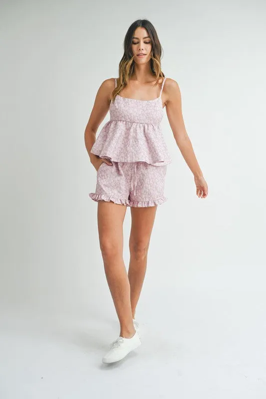 Pippa Floral Jacquard Peplum Top & Ruffled Short Set Pink
