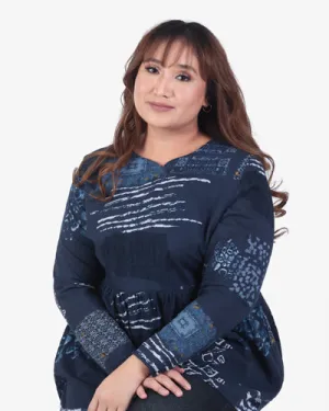 Pippi Printed Peplum Blouse - Dark Blue Mandala