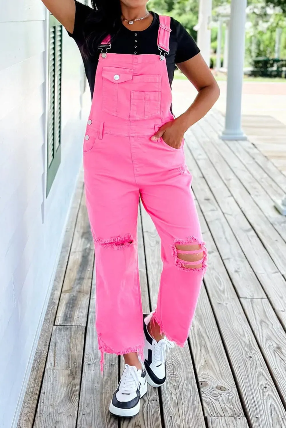 Pirouette Pocketed Wide Leg Distressed Denim Overall
