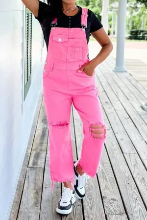 Pirouette Pocketed Wide Leg Distressed Denim Overall