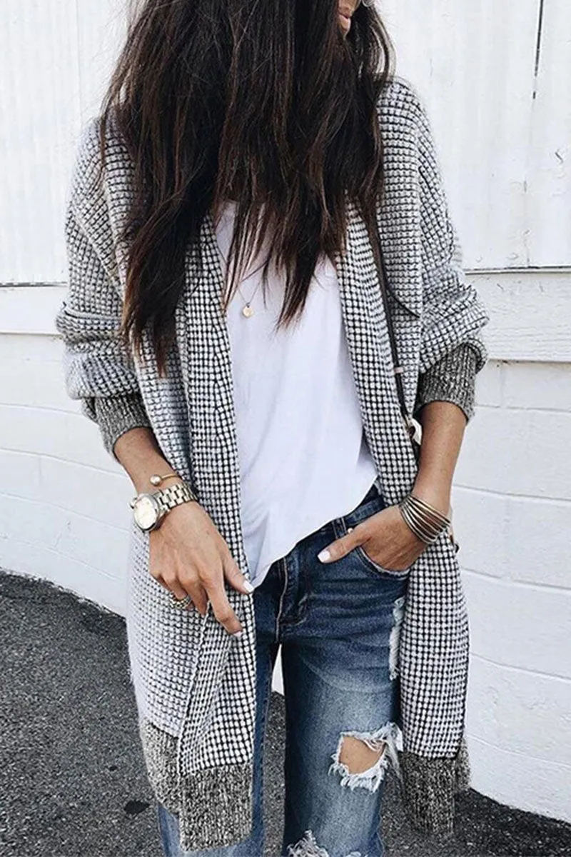 Plaid Grids Printed Black Cardigan