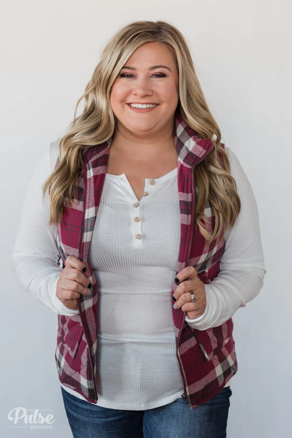 Plaid Puffer Vest - Berry