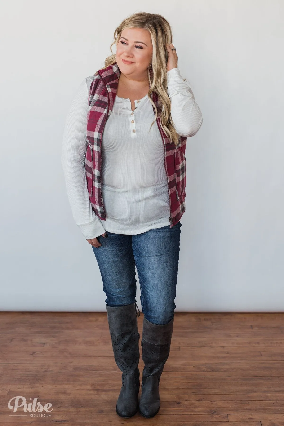 Plaid Puffer Vest - Berry