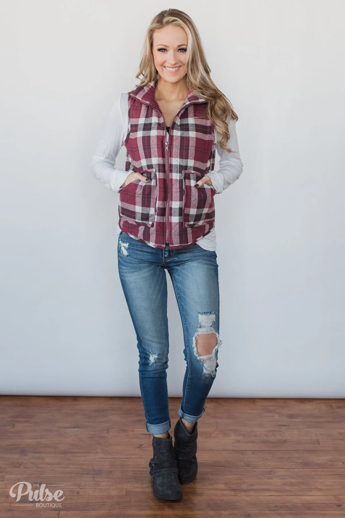 Plaid Puffer Vest - Berry