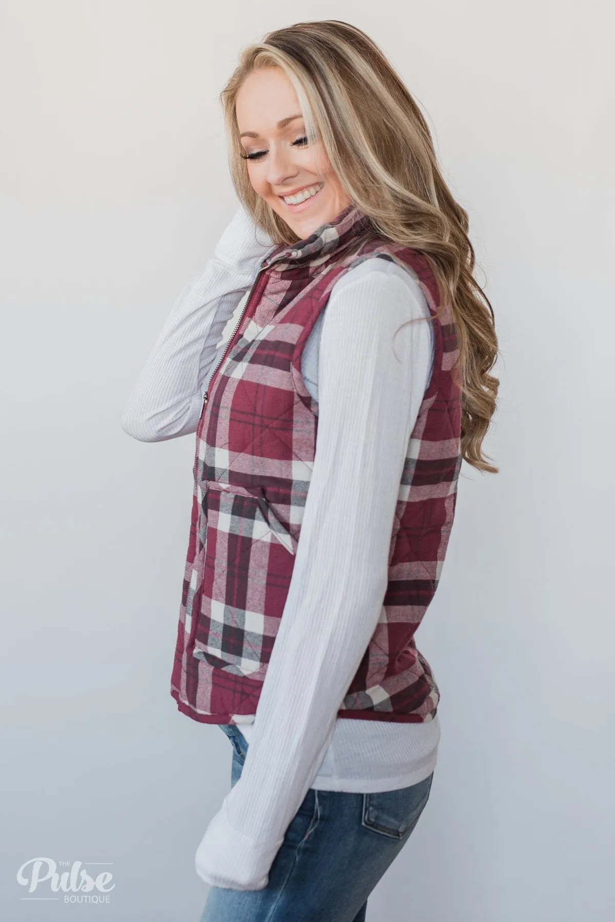 Plaid Puffer Vest - Berry