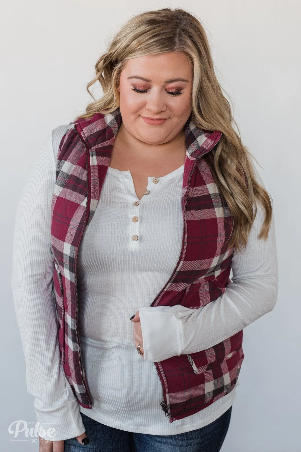 Plaid Puffer Vest - Berry