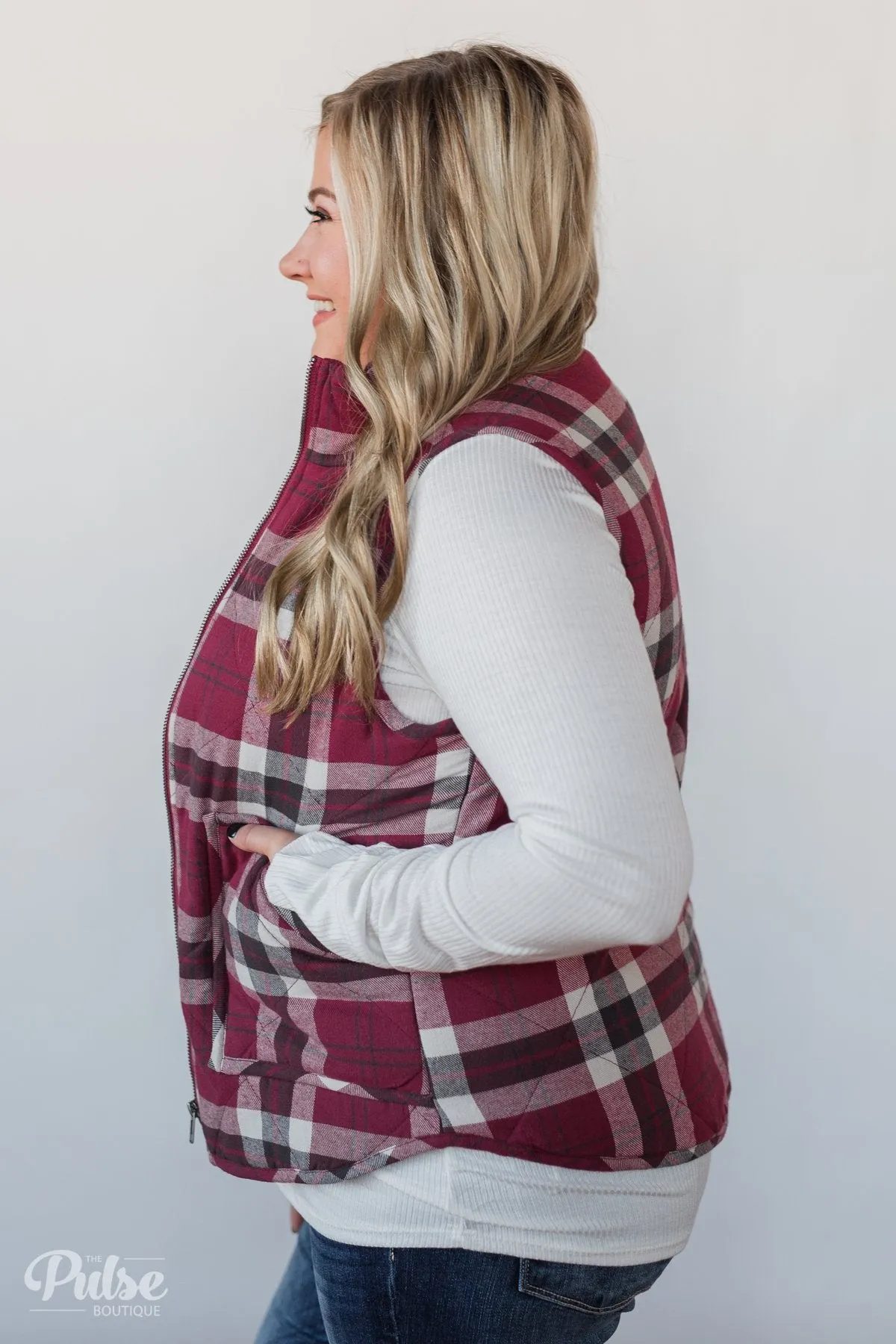 Plaid Puffer Vest - Berry