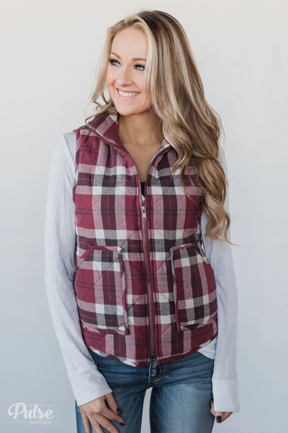 Plaid Puffer Vest - Berry