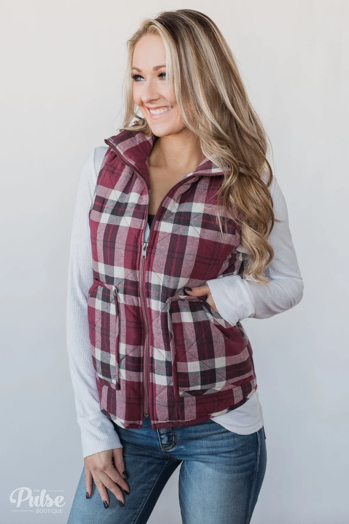 Plaid Puffer Vest - Berry