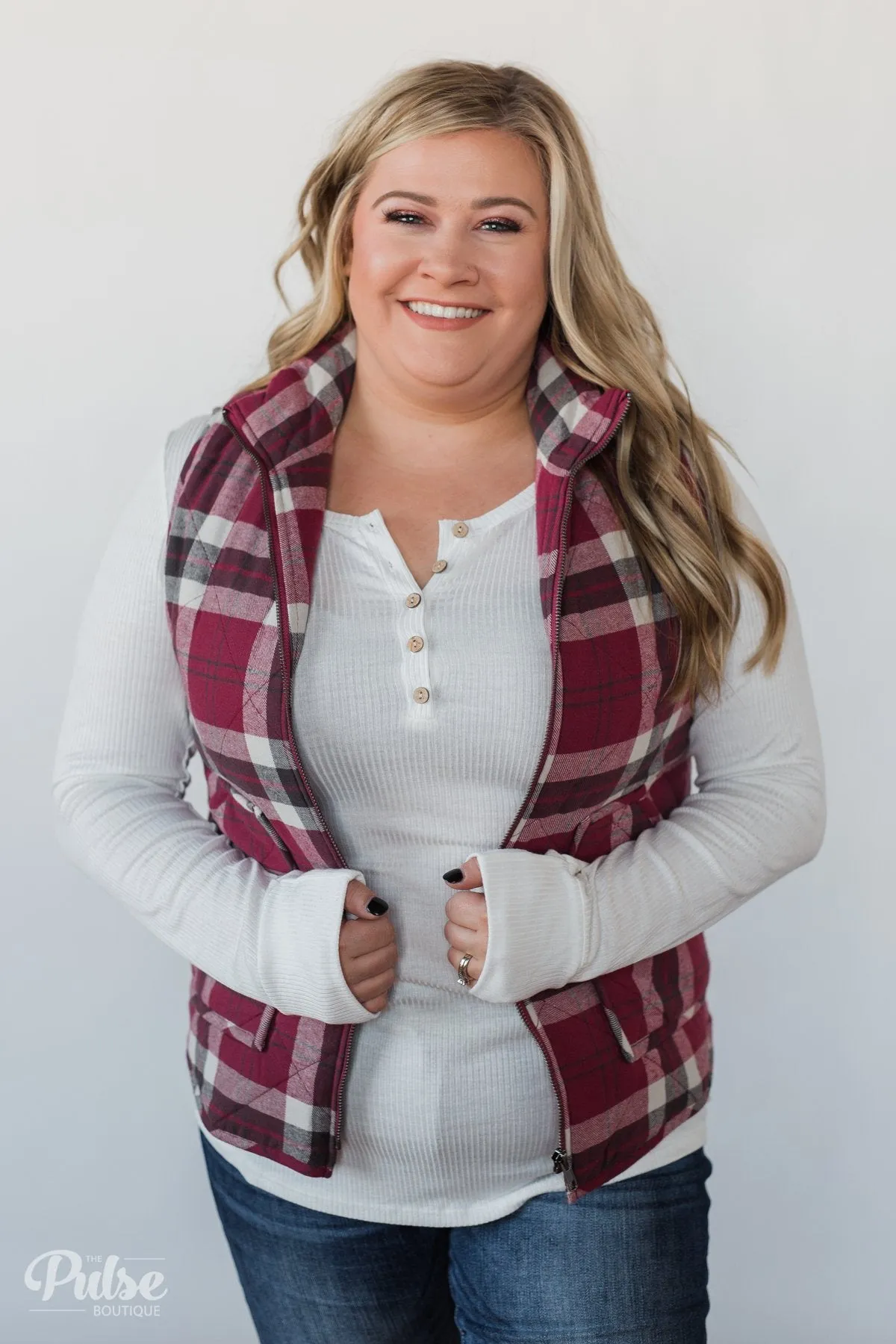 Plaid Puffer Vest - Berry