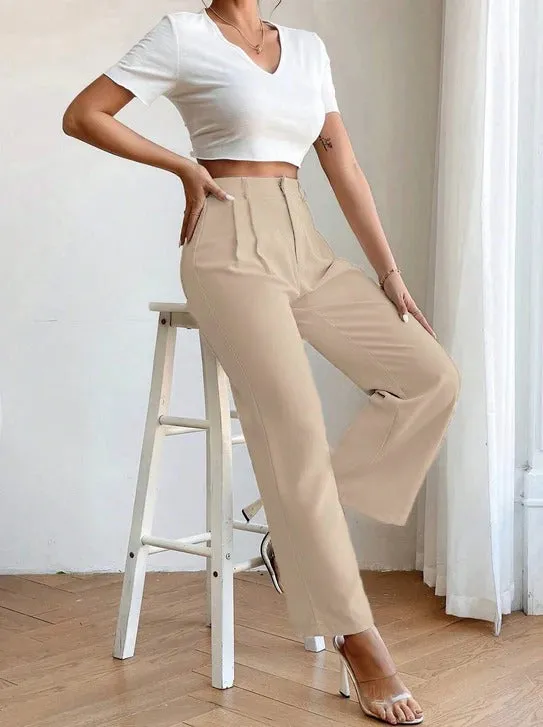 Plicated Detail Straight Leg Pants