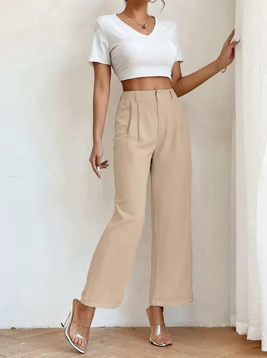 Plicated Detail Straight Leg Pants
