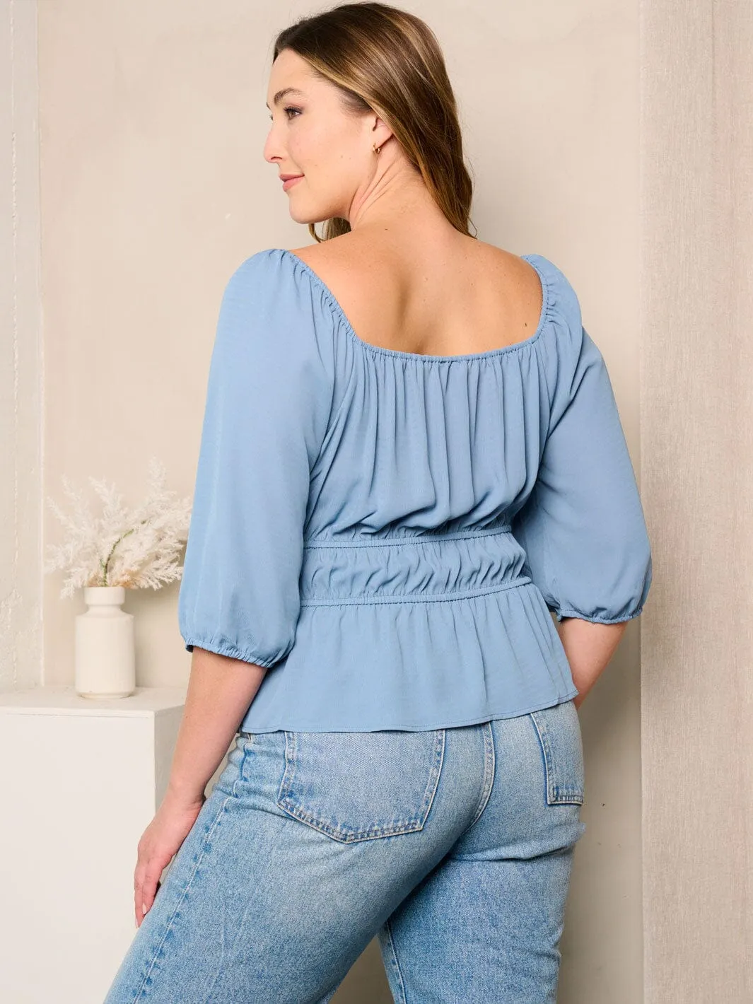 PLUS SIZE 3/4 SLEEVE PEPLUM BLOUSE TOP