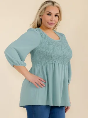 PLUS SIZE 3/4 SLEEVES RUCHED PEPLUM TUNIC BLOUSE