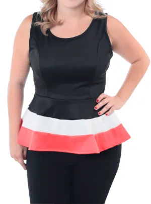 Plus Size Block Banding Slick Peplum Coral Top