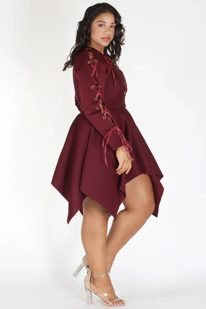 Plus Size Classy Lace Up Peplum Flare Top Dress Burgundy