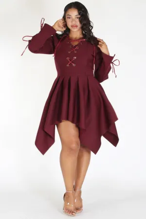 Plus Size Classy Lace Up Peplum Flare Top Dress Burgundy