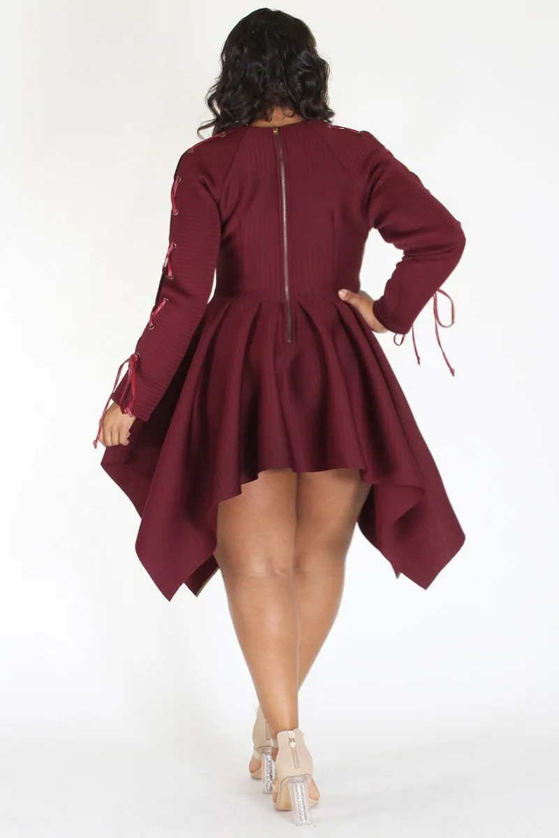 Plus Size Classy Lace Up Peplum Flare Top Dress Burgundy