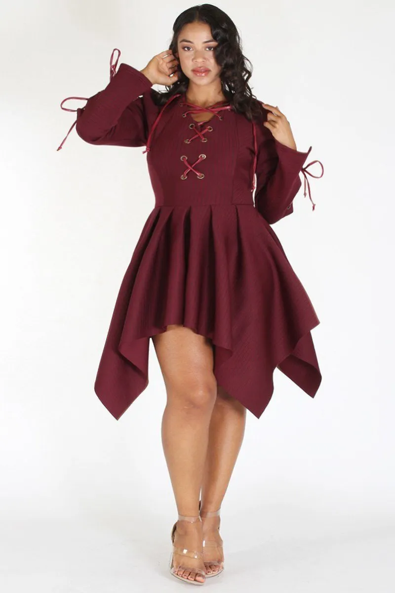 Plus Size Classy Lace Up Peplum Flare Top Dress Burgundy