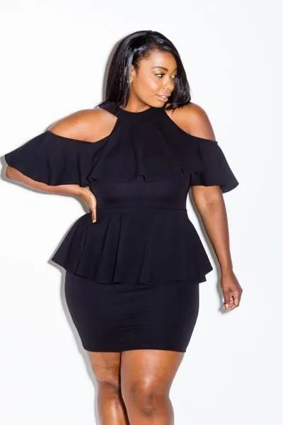 Plus Size Cold Shoulder Lovely Ruffle Peplum Dress [SALE]