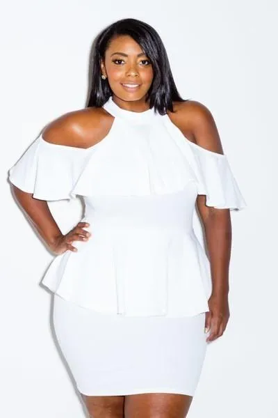 Plus Size Cold Shoulder Lovely Ruffle Peplum Dress [SALE]