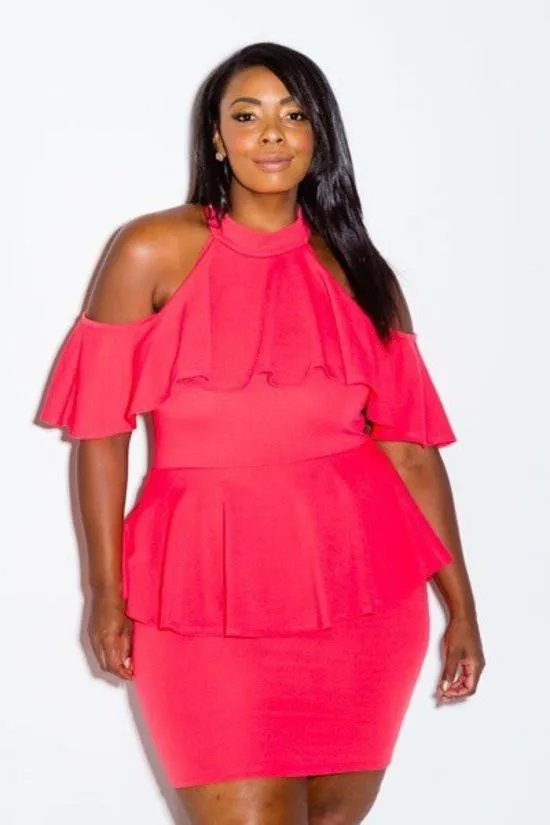 Plus Size Cold Shoulder Lovely Ruffle Peplum Dress [SALE]