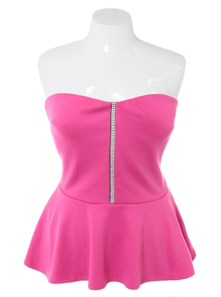Plus Size Diamond Studs Peplum Pink Top