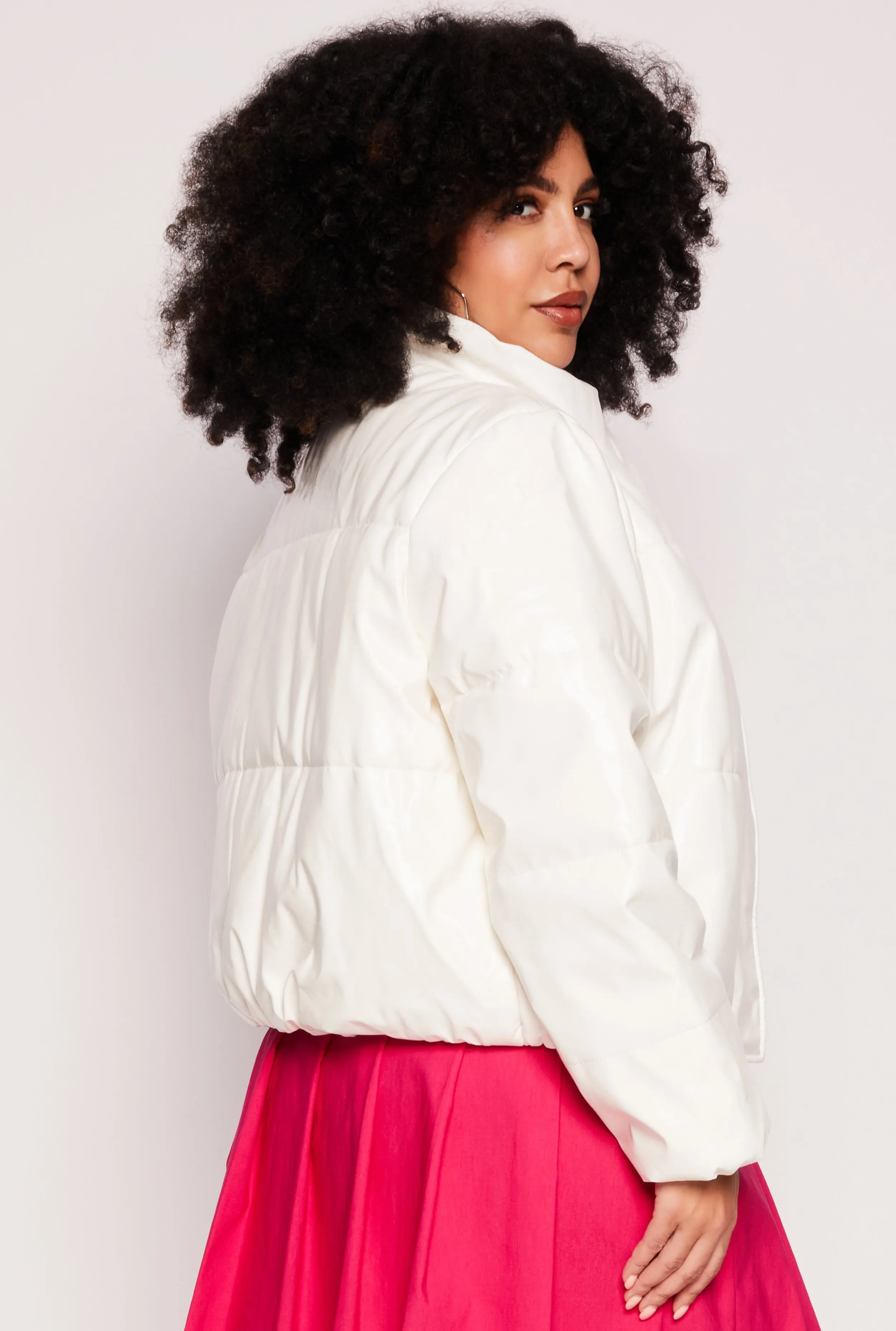 Plus Size Faux Patent Leather Puffer Jacket