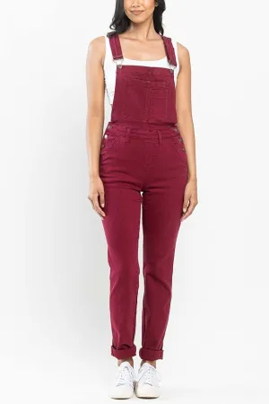 Plus Size - Judy Blue Garment Dyed High Rise Double Cuffed Overalls - Maroon