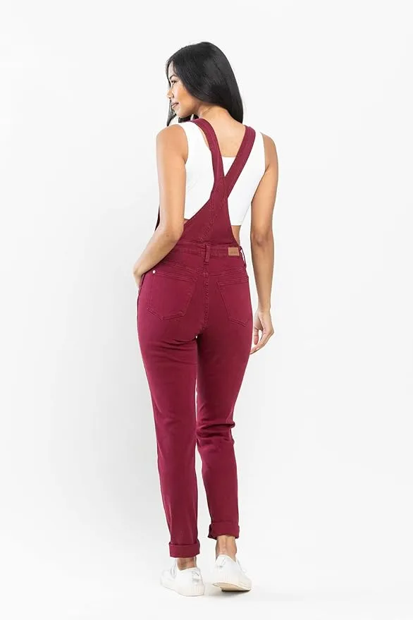 Plus Size - Judy Blue Garment Dyed High Rise Double Cuffed Overalls - Maroon