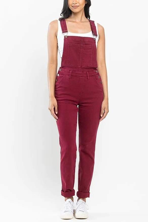 Plus Size - Judy Blue Garment Dyed High Rise Double Cuffed Overalls - Maroon