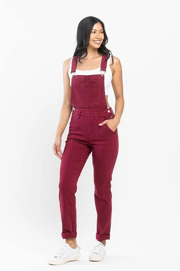 Plus Size - Judy Blue Garment Dyed High Rise Double Cuffed Overalls - Maroon