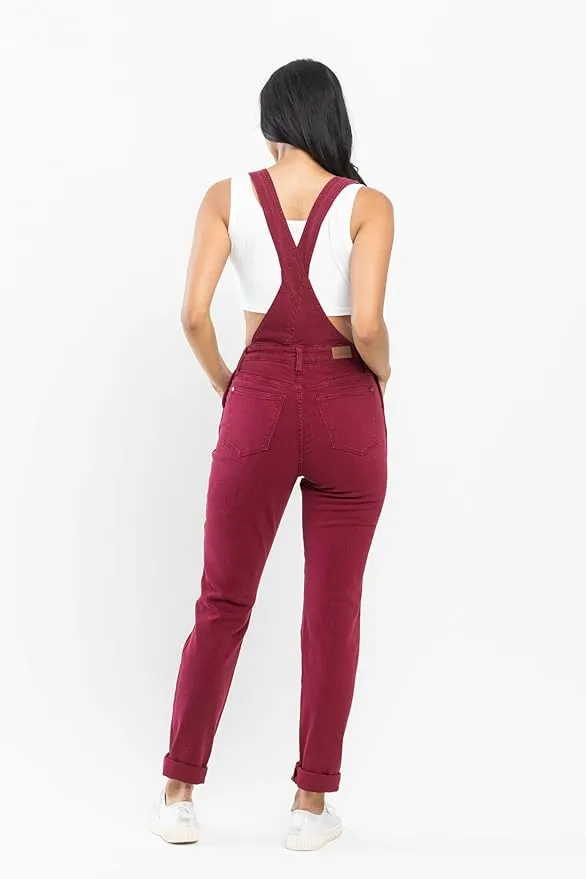 Plus Size - Judy Blue Garment Dyed High Rise Double Cuffed Overalls - Maroon
