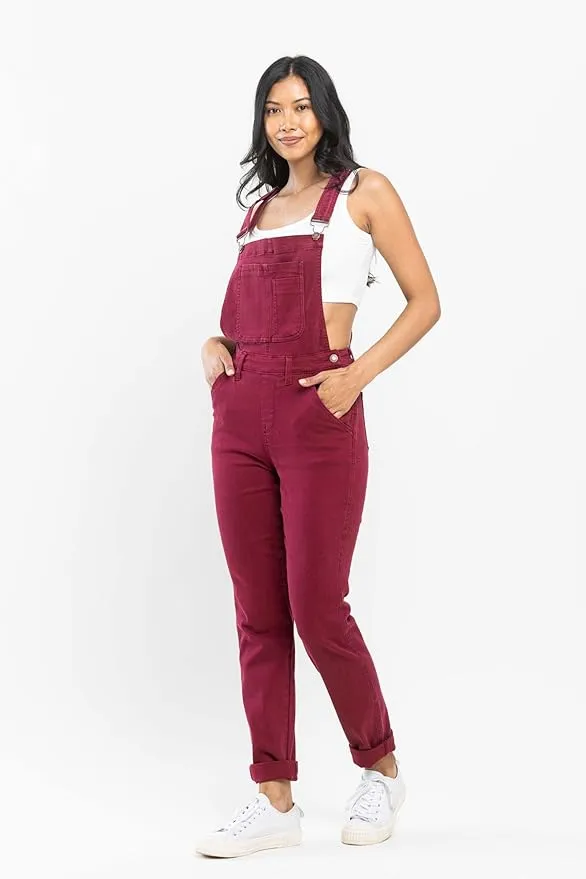 Plus Size - Judy Blue Garment Dyed High Rise Double Cuffed Overalls - Maroon