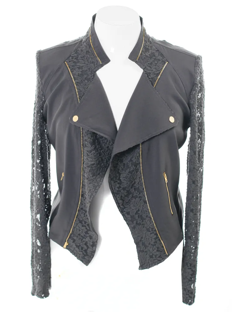 Plus Size Lace Sleeves Grey Biker Jacket