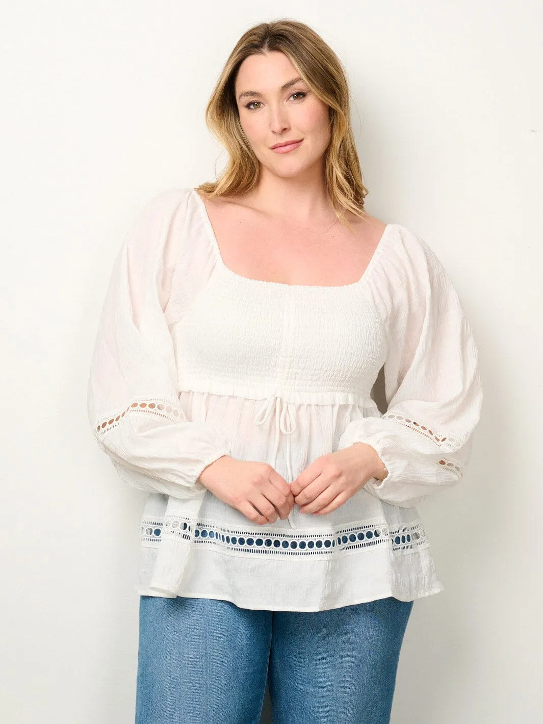 PLUS SIZE LONG SLEEVE SMOCK EYELET DETAILED BLOUSE TOP