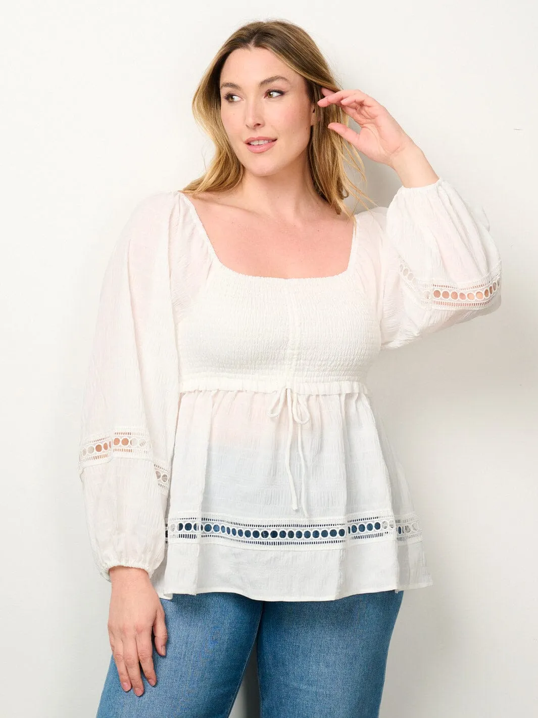 PLUS SIZE LONG SLEEVE SMOCK EYELET DETAILED BLOUSE TOP