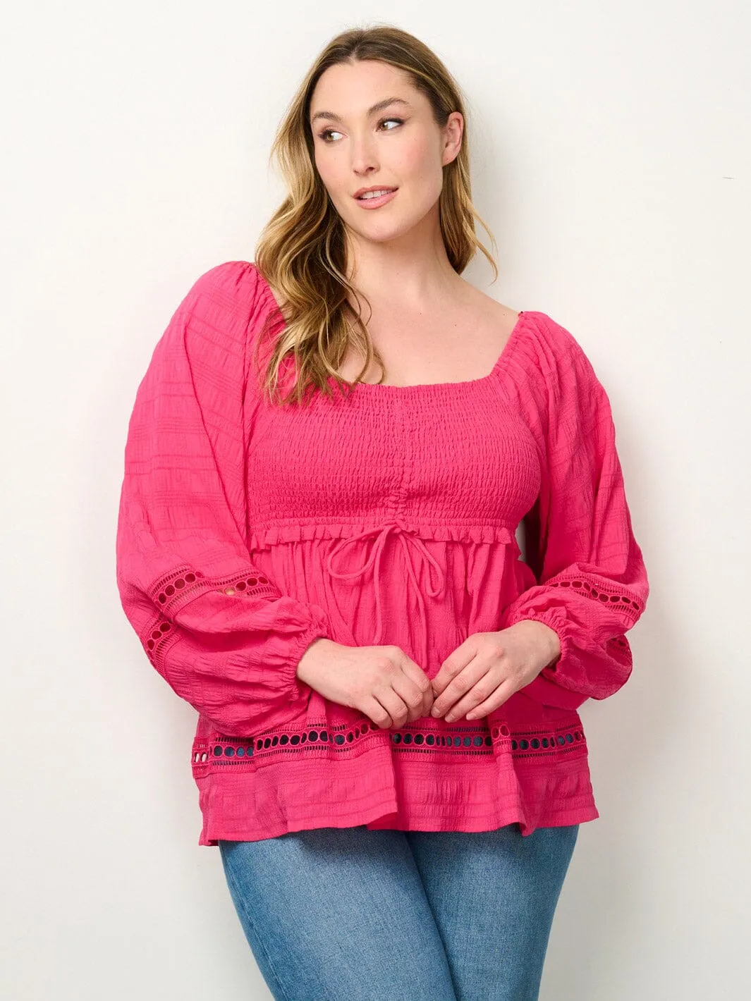 PLUS SIZE LONG SLEEVE SMOCK EYELET DETAILED BLOUSE TOP